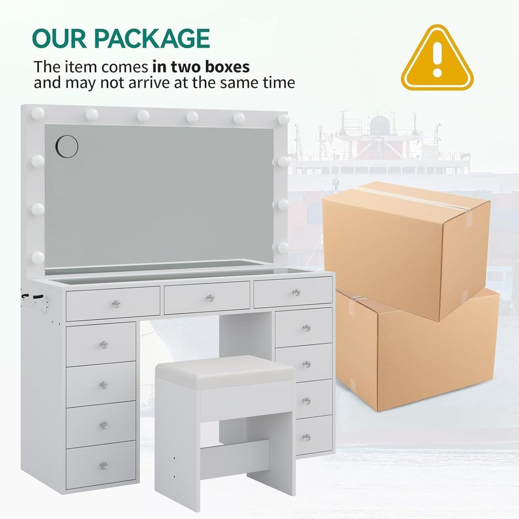 FUSOU Vanity Desk with Power Outlet, Makeup Vanity with Mirror and 12 LED Lights, 3 Lighting Modes,11 Drawers Vanity Table with Chair, Glass Top, Dressing Table for Bedroom,Dressing Room, White