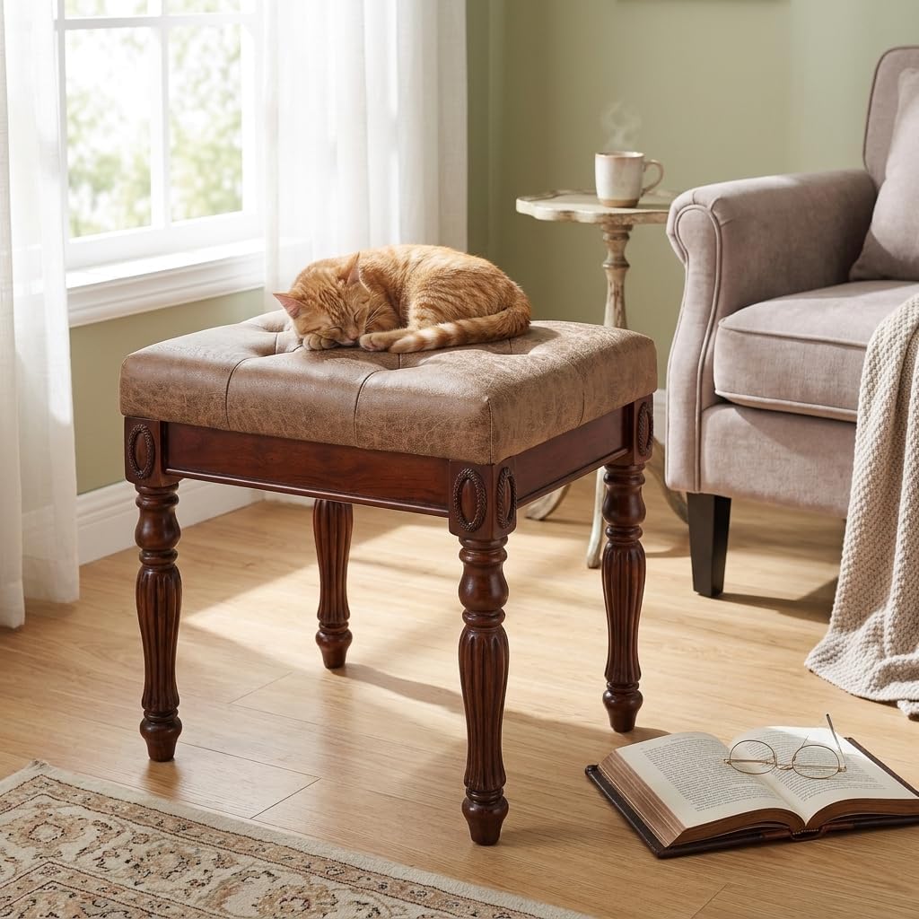 Vanity Bench Stool with Padded Cushion, Piano Bench with Solid Wood Carving Legs, Home Chairs Button Breathing Leather Upholstered Seat, 18.5' x 14.2' x 19.1' Easy Assembly, Yellowish Brown FD1533LT