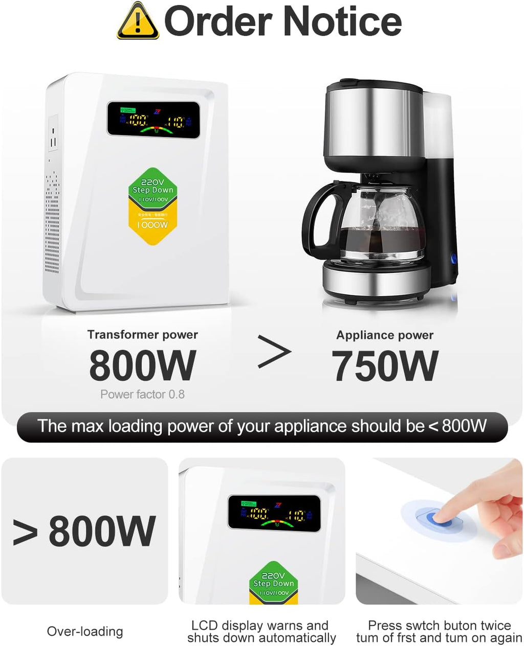 220v to 110v Step Down Transformer 1000W Power Voltage Converters, No Noise, Ten Protection Functions, Suit for Coffee Machines, Rice Cookers and Other US Appliances Used in Europe