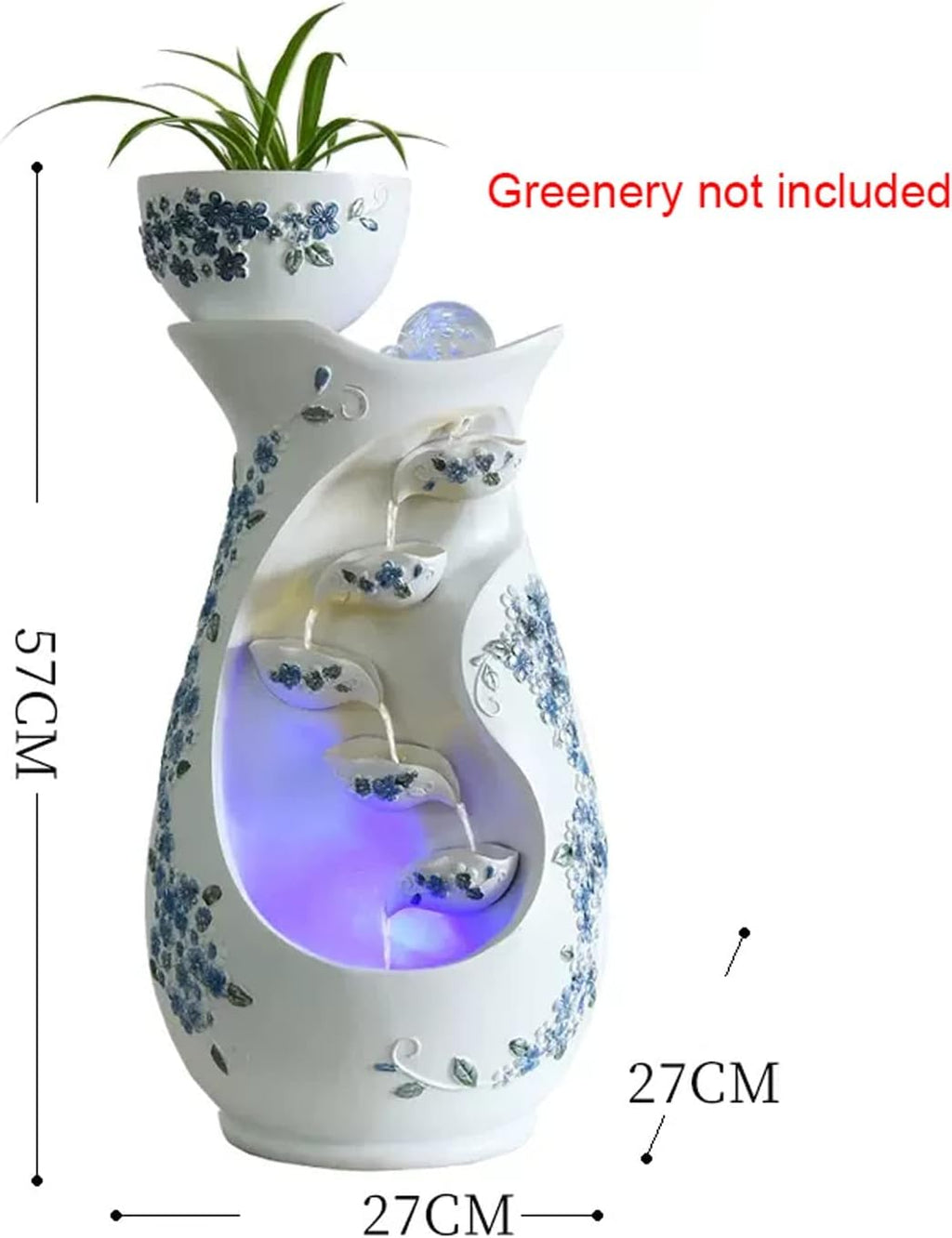 Tabletop Fountain Indoor Desktop Tabletop Water Fountain White Background Blue Flower Tiered Resin Vase Pitchers Elegant Interior Feature Decorative for Home and Office(Large)