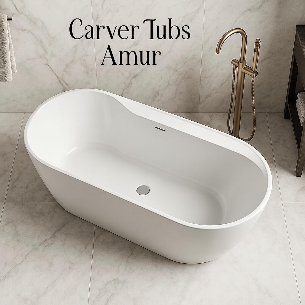 Carver Tubs - Amur 70' - Modern White Freestanding Soaking Bathtub With Chrome Drain - Modern Spacious Two Person Acrylic Fiberglass Bath Tub - Deep Relaxing Soak - 70.5″L x32.5'W x 23'H