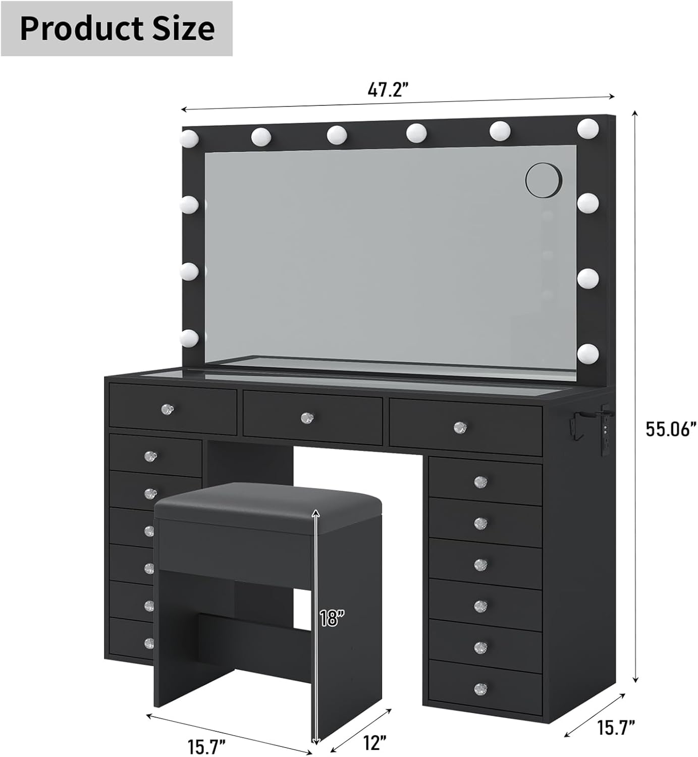FUSOU 15 Drawers Vanity with Mirror and 12 LED Lights, Makeup Vanity with Charging Station, 3 Color Modes Adjustable Brightness, Glass Top Vanity Desk with Stool for Bedroom, Black