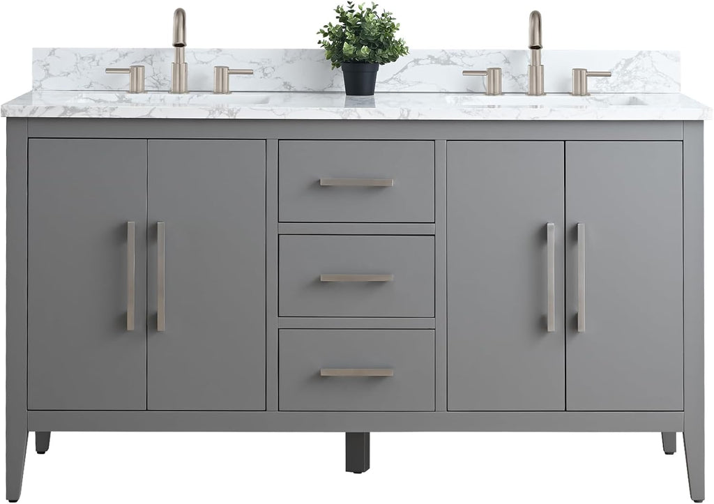 Vanity Art 60 inch Bathroom Vanity with Double Sink & Ceramic Top, Vanity Cabinet with Soft-Closing Doors, Drawers, Solid Wood Frame, Cashmere Gray,VA9060-DG-BN1
