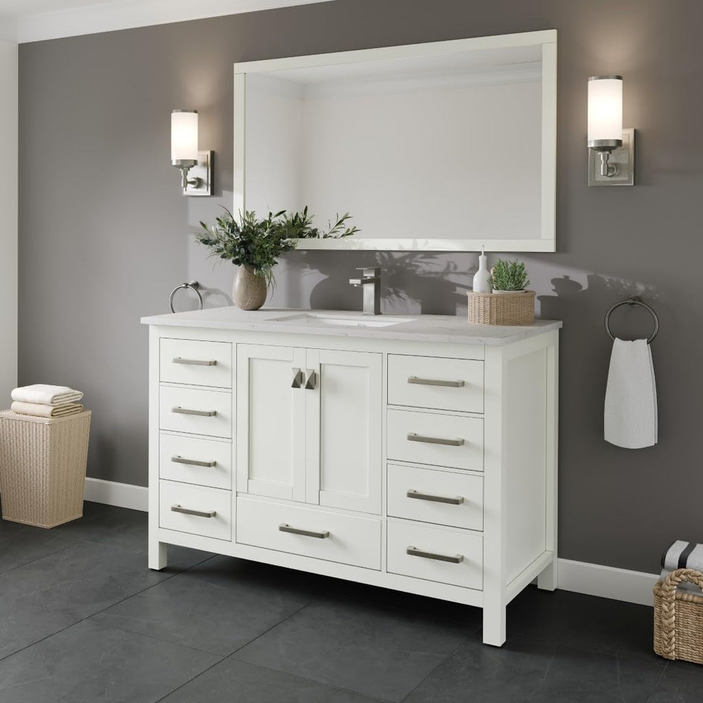 Eviva London 48 White Bath Vanity - Freestanding Countertop Quartz - Single Sink Bathroom Vanity with Porcelain Sink Combo