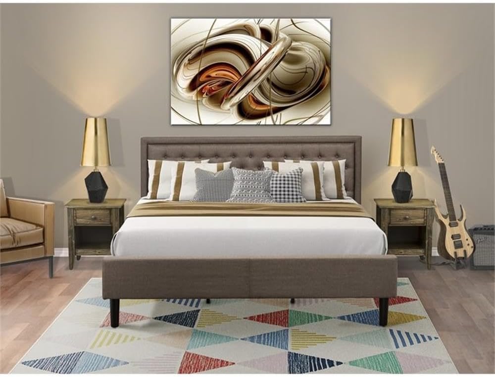 East West Furniture KD18K-2GA07 3 Piece Bed Set - 1 King Platform Bed Frame Brown Linen Fabric Padded and Button Tufted Headboard with 2 Bedroom Nightstand - Distressed Jacobean Finish Nightstand