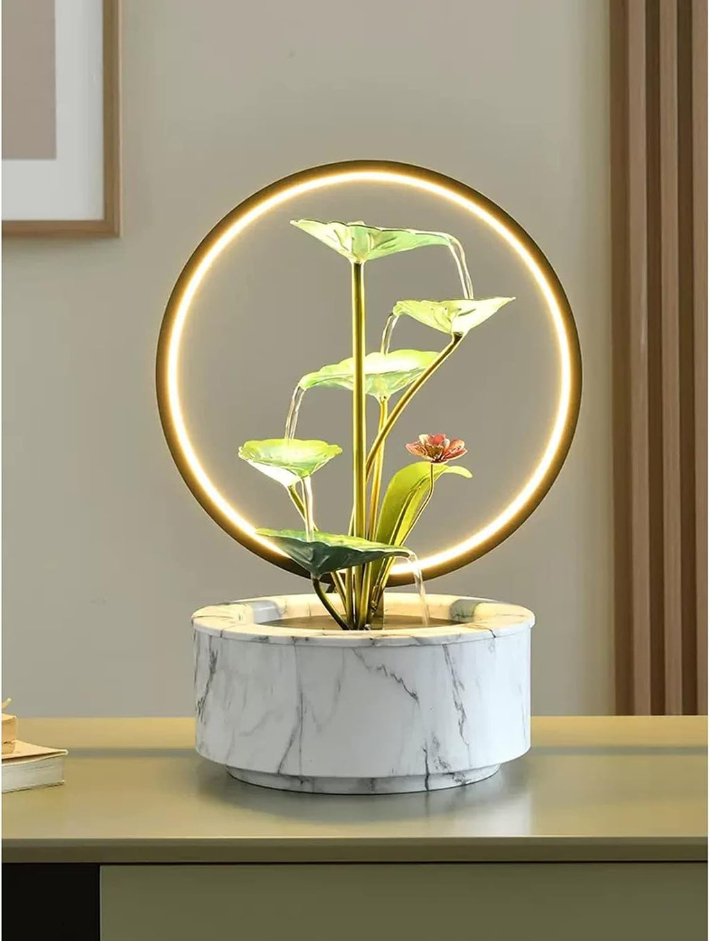 Tabletop Fountain Indoor Water Fountain 5 Tier Lotus Leaf Tabletop Relaxation Waterfall for Room Decoration LED with Round Warm Yellow Scene Light(White)