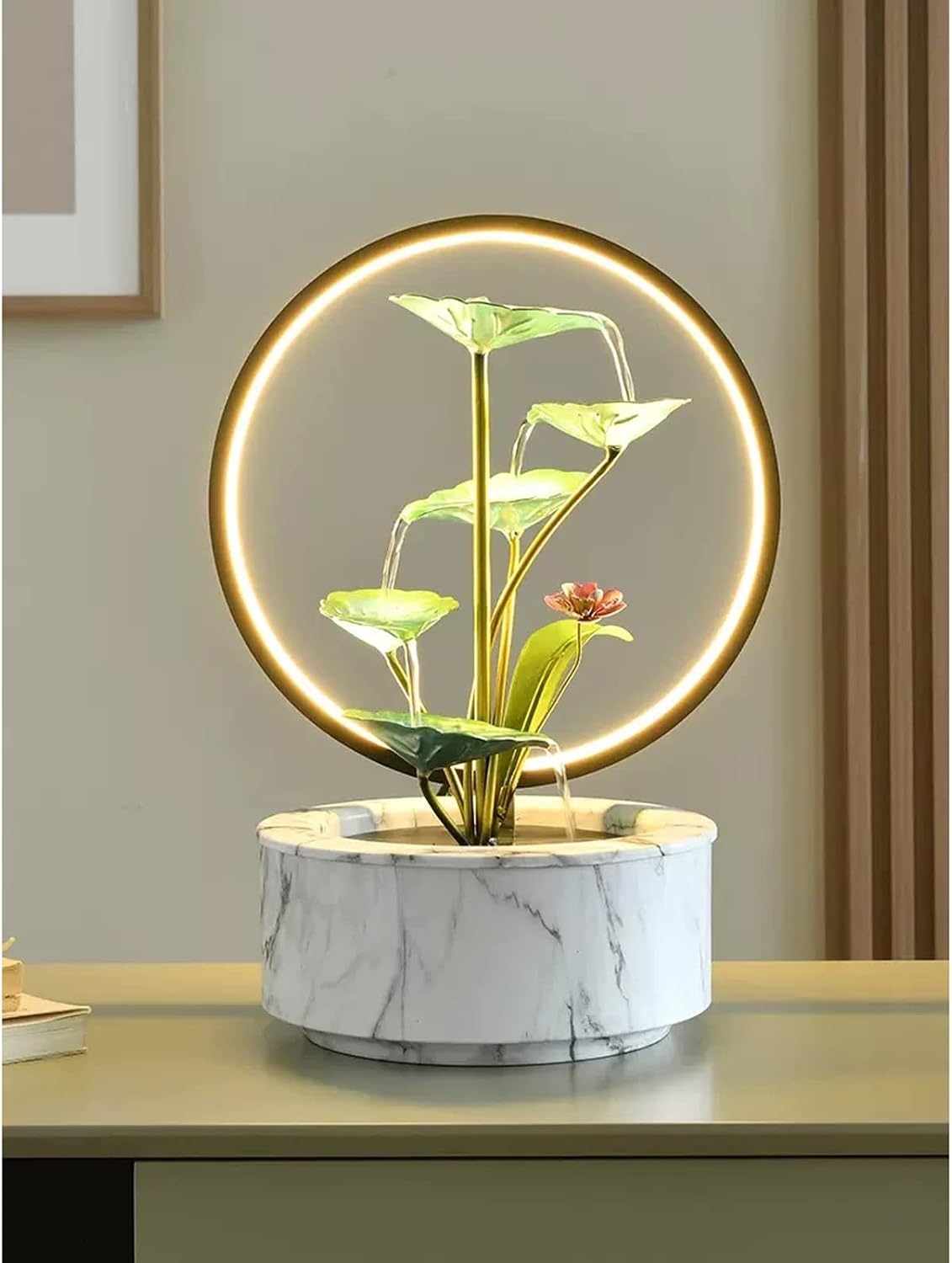 Tabletop Fountain Indoor Water Fountain 5 Tier Lotus Leaf Tabletop Relaxation Waterfall for Room Decoration LED with Round Warm Yellow Scene Light(White)