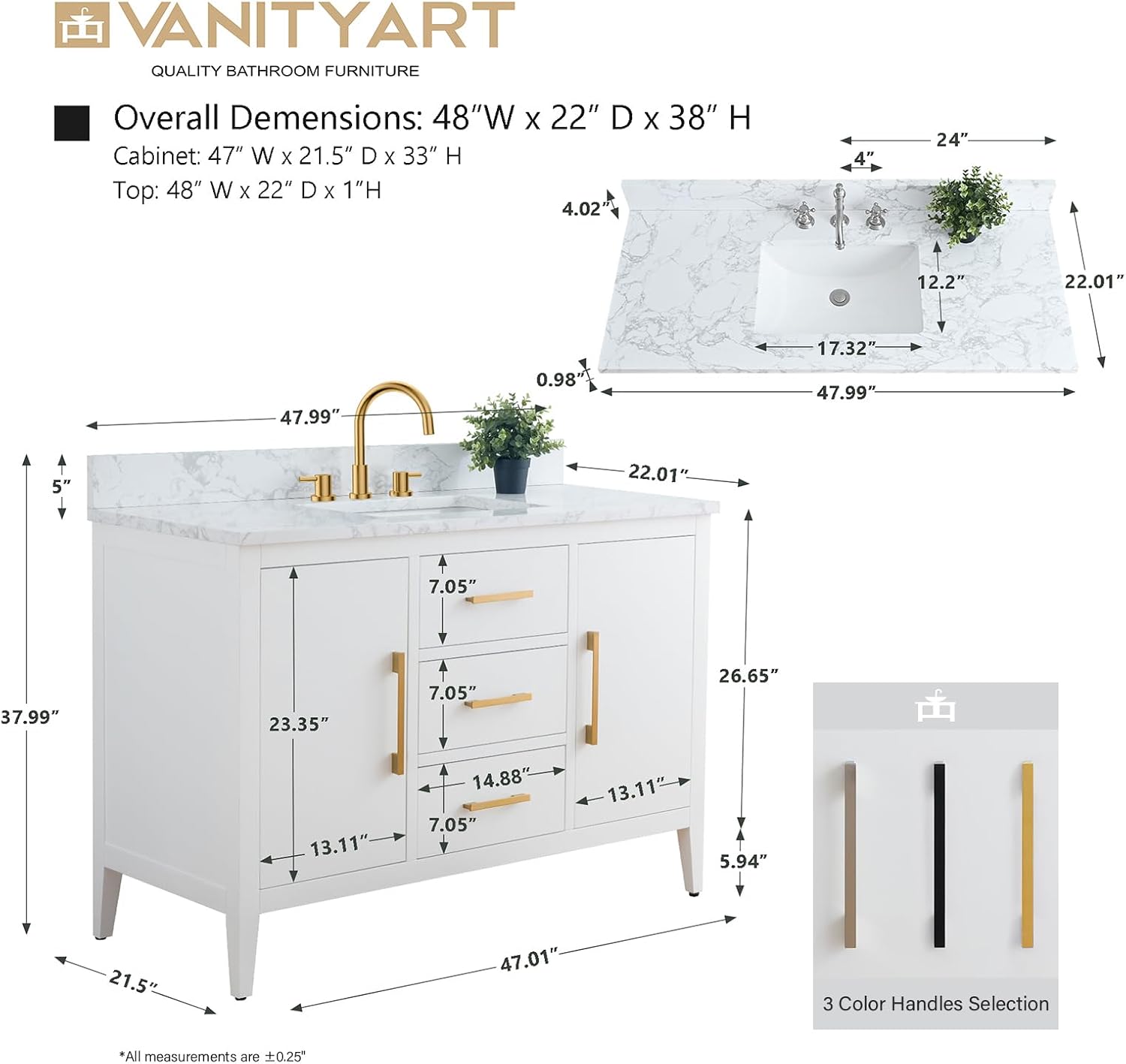Vanity Art 48 inch Bathroom Vanity with Single Sink & Ceramic Top, Solid Wood, Vanity Cabinet with Soft-Closing Doors, Drawers, White, Golden Brushed Handware