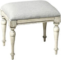 Pemberly Row Farmhouse Distressed Rustic Ivory Wood Vanity Bench, Solid Wood Frame, Dove Gray Upholstered Seat, Tapered Turned Legs, 18' H x 20' W x 16' D, Bedroom or Dressing Area Seating