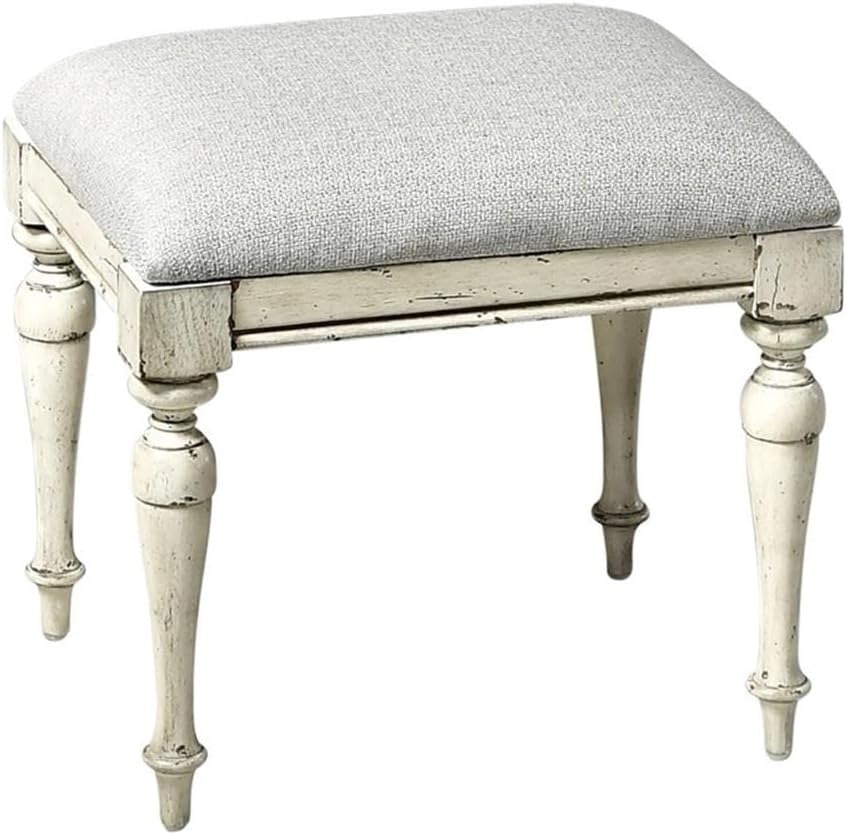Pemberly Row Farmhouse Distressed Rustic Ivory Wood Vanity Bench, Solid Wood Frame, Dove Gray Upholstered Seat, Tapered Turned Legs, 18' H x 20' W x 16' D, Bedroom or Dressing Area Seating