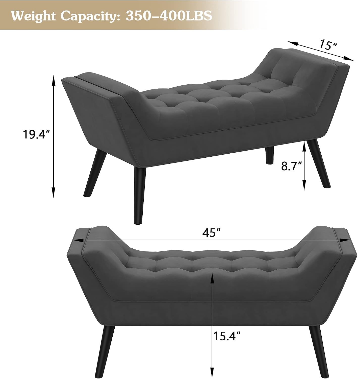 Andeworld Bed Bench Upholstered Tufted Footstool Entryway Ottoman Bench Two Seaters (Dark Gray)