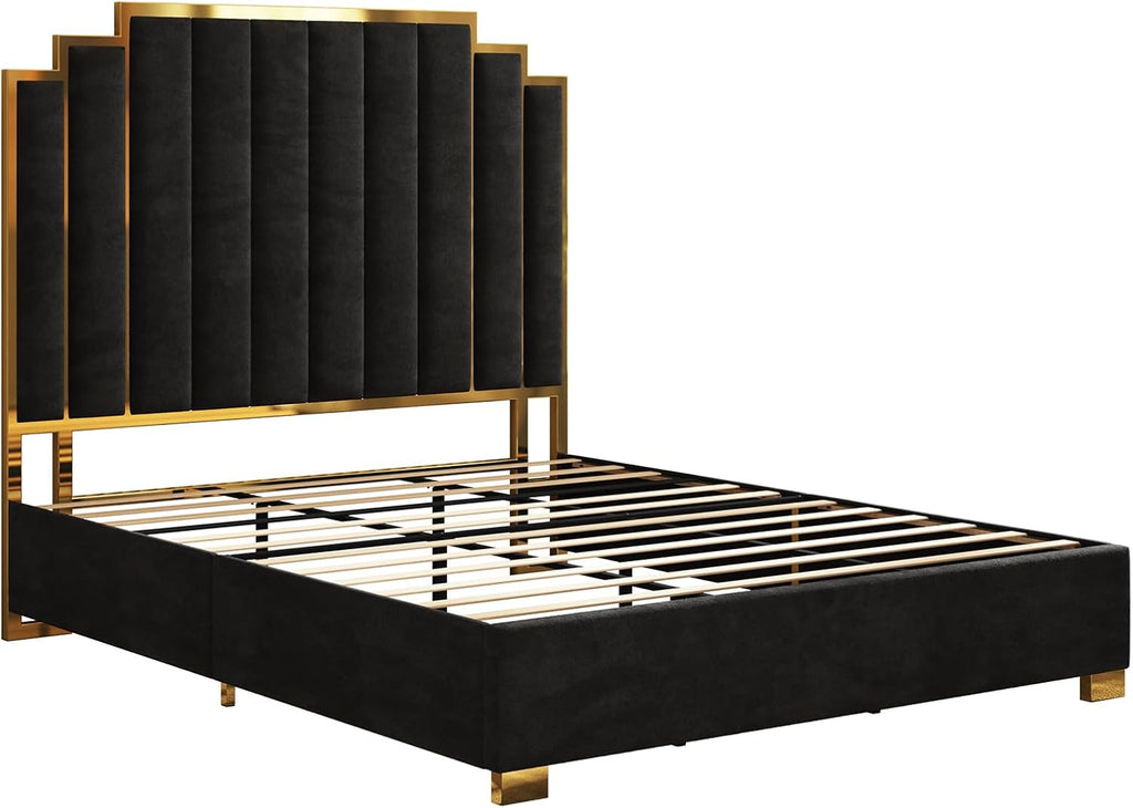 AMERLIFE King Size Upholstered Bed, Modern Velvet Bed Frame with 65.4' Tall Gold Trim Headboard, No Box Spring Needed, Black