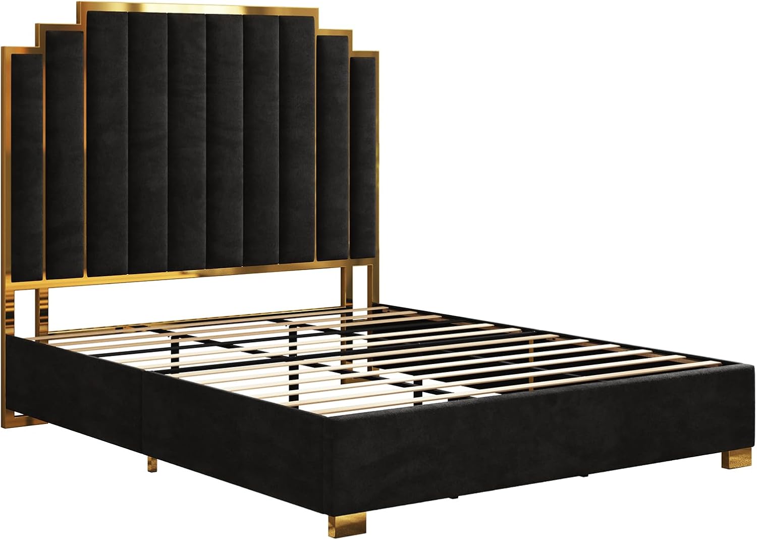 AMERLIFE King Size Upholstered Bed, Modern Velvet Bed Frame with 65.4' Tall Gold Trim Headboard, No Box Spring Needed, Black