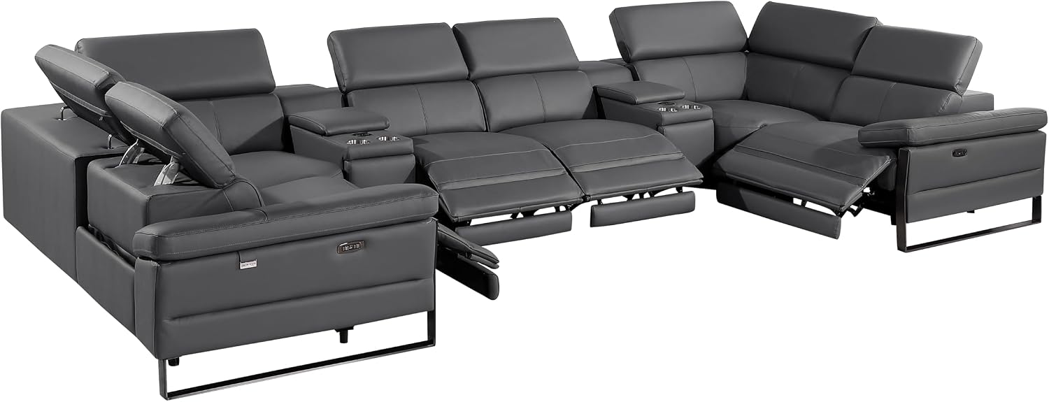BlackJack Furniture Antonio 8 Piece U Shaped Power Reclining Sectional Sofa, Modular Couch with Top Grain Italian Leather, 4 Electric Recliners, USB & Wireless Chargers, Storage Console, Dark Grey