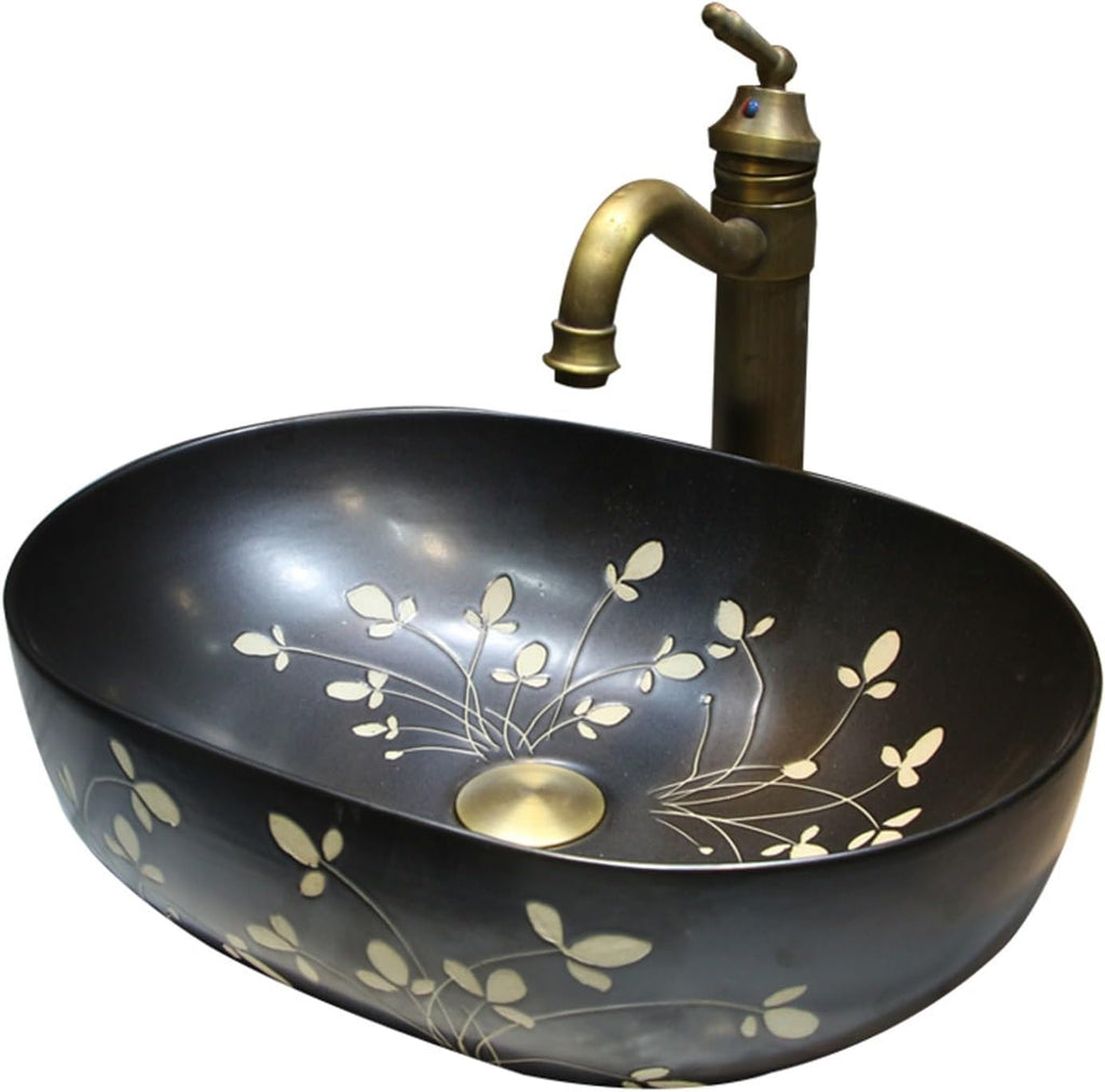 Ceramic Retro Bathroom Vessel Sink, Art Hand Wash Basin, Home Vanity Sink with Accessories, Countertop Basin for B&B, Club, Home