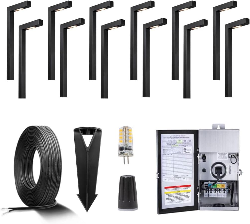 Gardenreet Solid Brass 12V LED Landscape Lighting Kit (12 Black Path Lights) with 300W Low Voltage Transformer and Mechanical Timer and 250FT Wire and 50Pack Connectors for Outdoor Pathway Garden