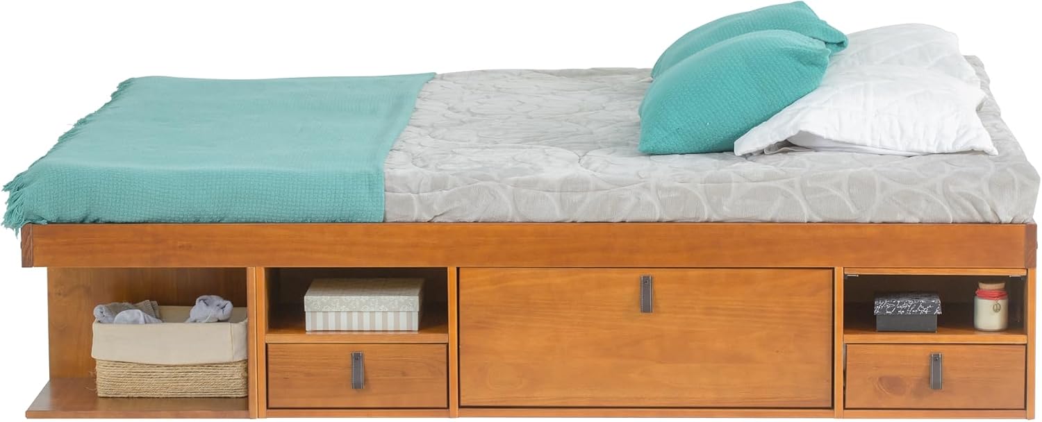 memomad Bali Bed - King Storage Platform Sturdy Wooden Frame with Drawers & More - Solid Pine - Noise Free - No Box Spring Needed - Slats Included (King Size, Oak Brown Wood)