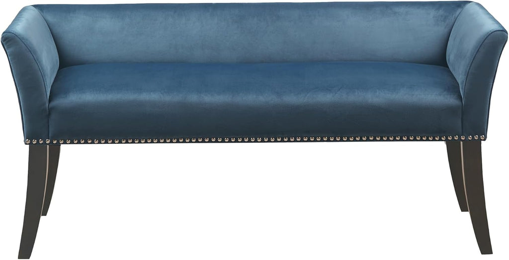 Madison Park Accent Bench, Upholstered with Nailhead Trim, & Padded Seat Entryway Bench Small, End of Bed Bench with Back, 49.5' W x 19.25' D x 23' H, Blue