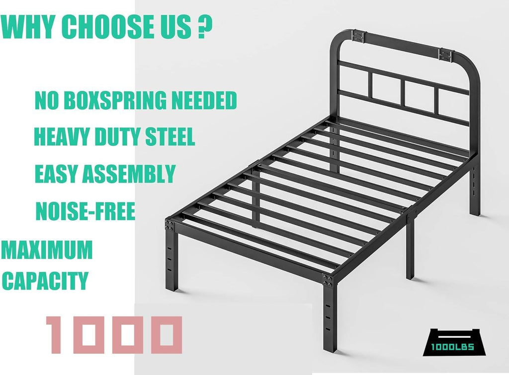 ZIYOO Twin Size Bed Frame with Headboard, 1000LBS Heavy Duty Platform Mattress Foundation/Box Spring Replacement - 18 Inch Height Metal Bed Frame