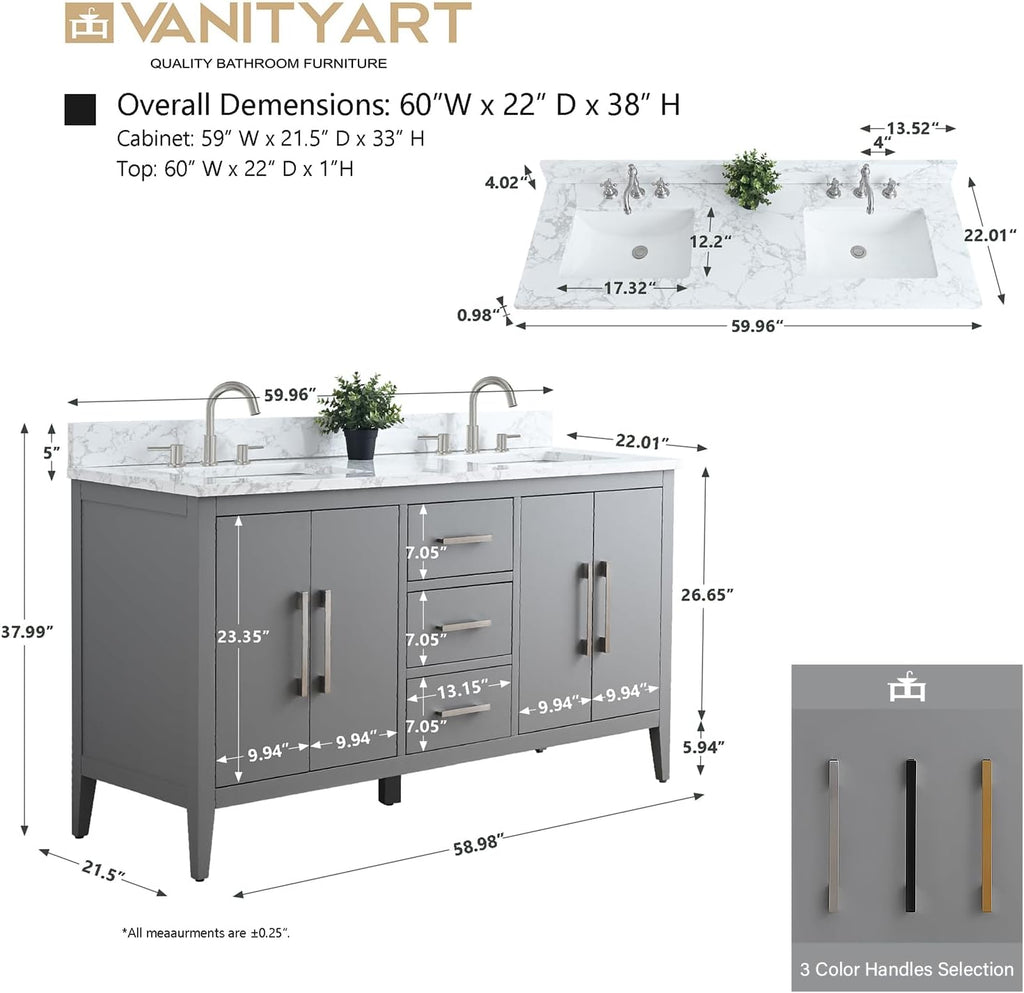 Vanity Art 60 inch Bathroom Vanity with Double Sink & Ceramic Top, Vanity Cabinet with Soft-Closing Doors, Drawers, Solid Wood Frame, Driftwood Gray, VA9060-DDG-BN1
