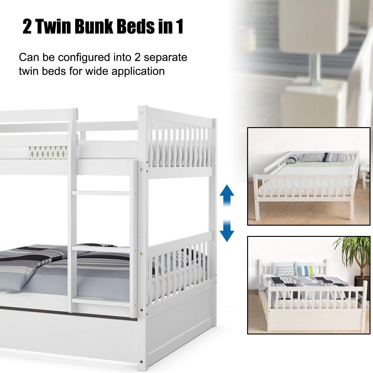 KOMFOTT Wood Full Over Full Bunk Bed with Trundle, Full Bed Frame with Ladder, Solid Wood Frame & Safety Guardrails, Space-Saving Bunk Bed for Teens & Adults, No Box Spring Needed