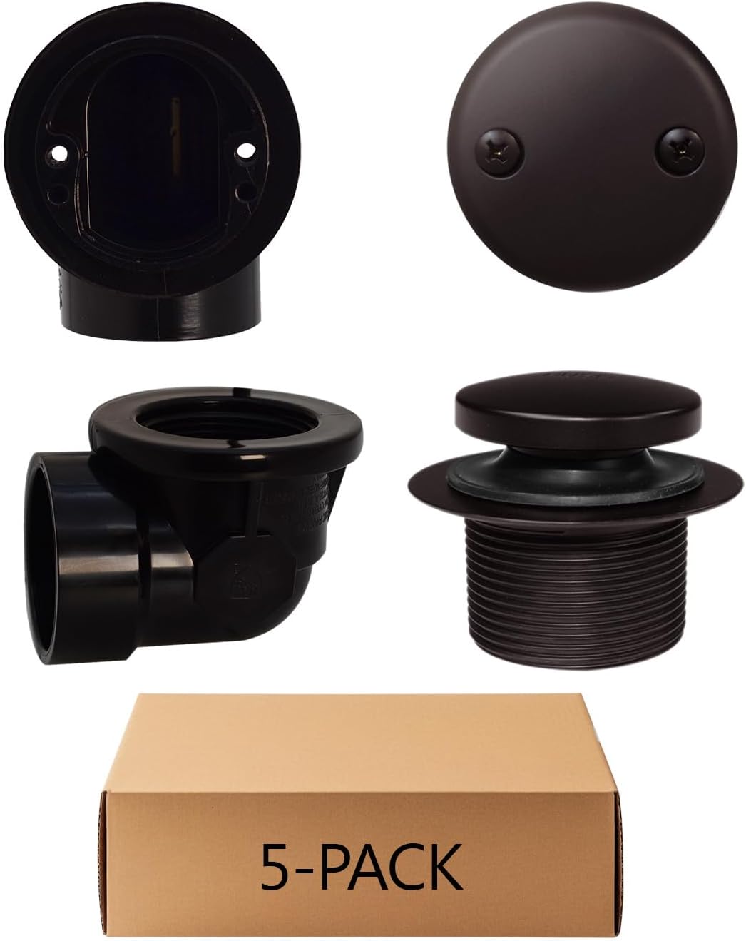 Westbrass D534-5-12 SCH. 40 ABS 1-1/2' Course Thread Plumber's Pack Tip-Toe Bathtub Drain Plug with Two-Hole Elbows, 5-Pack, Oil Rubbed Bronze, 5 Count