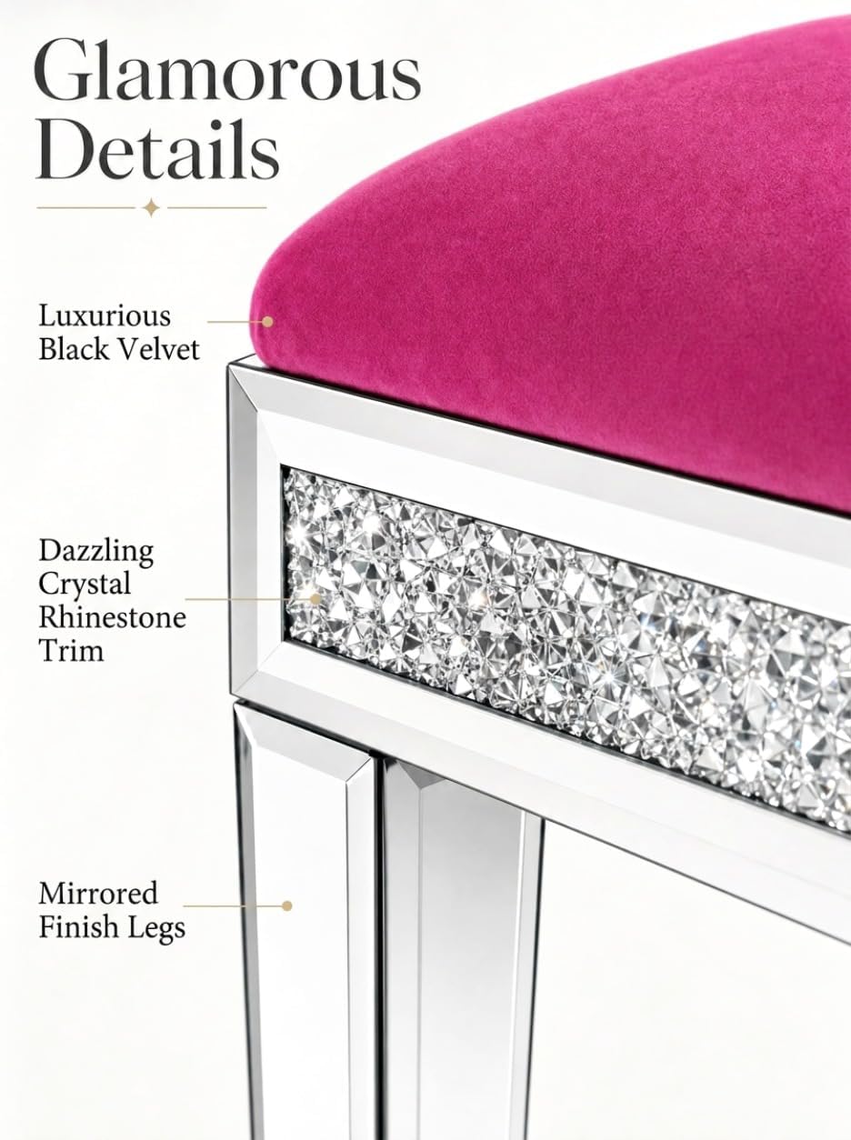 Vanity Stool with Storage Mirrored Legs, Velvet Cushioned Ottoman, Hidden Compartment, Sparkling Diamond Trim, Glam Makeup Chair & Piano Bench (Hot Pink)