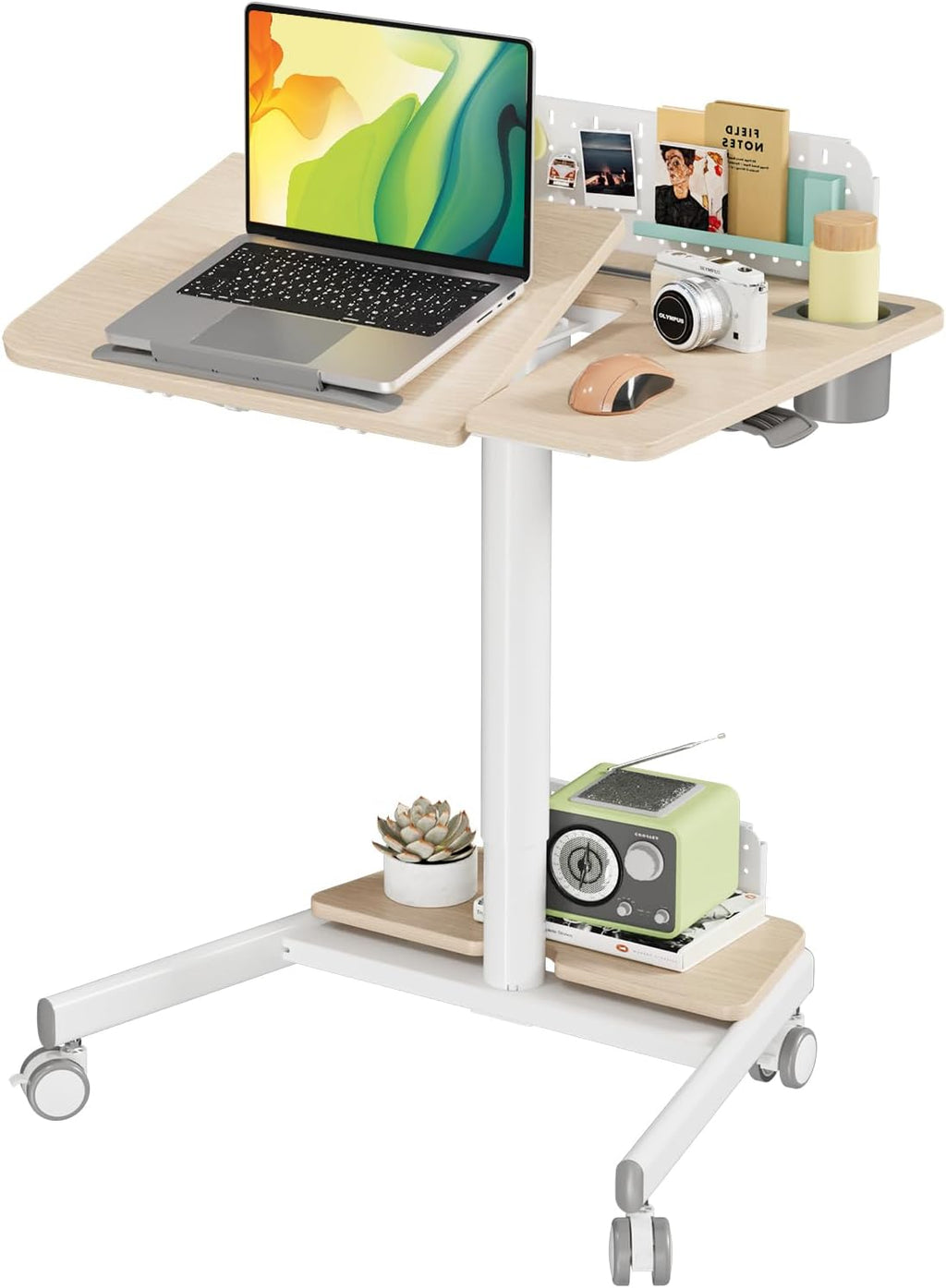 JOY worker Mobile Standing Desk with 60° Tiltable Desktop, 28' Height Adjustable Rolling Desk, DIY Pegboard & Storage Base, Portable Laptop Desk with 4 Lockable Wheels for Home Office, Oak