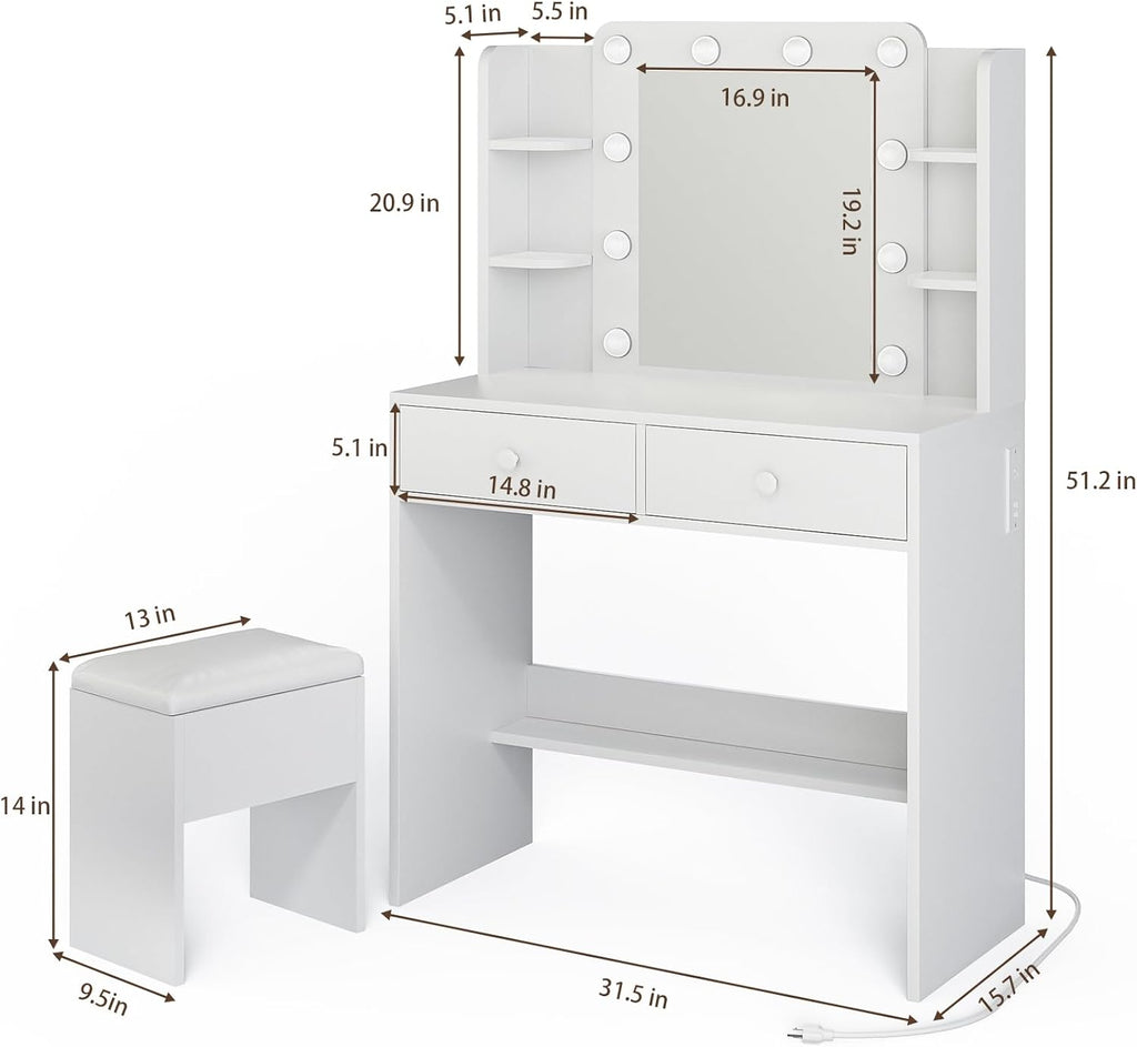 Haewon White Vanity Desk with Mirror and Lights, Makeup Vanity with 10 LED Bulbs and 3 Color Modes, Dressing Table Set with Power Outlets, Storage Drawers and Chair for Bedroom
