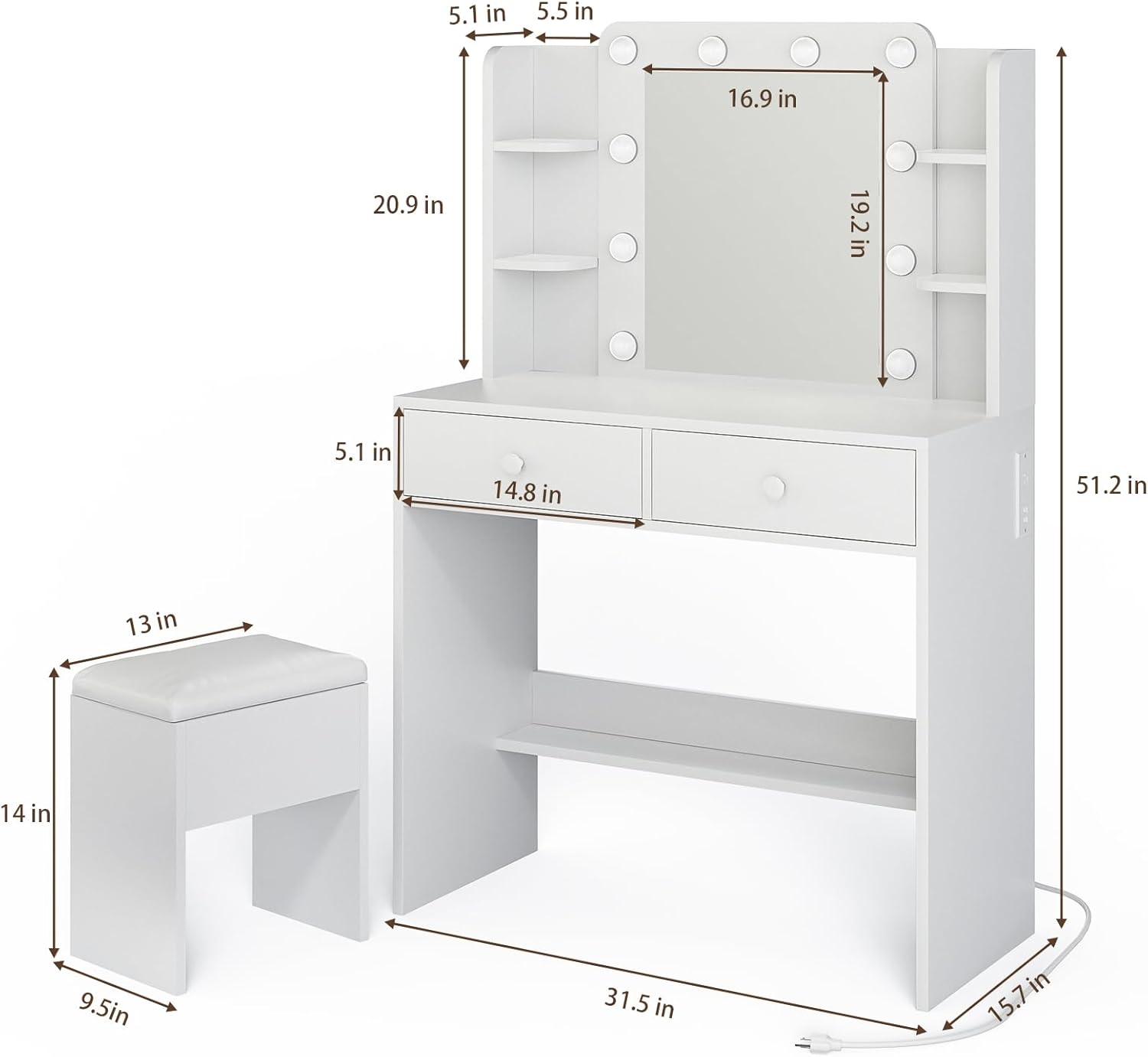 Haewon White Vanity Desk with Mirror and Lights, Makeup Vanity with 10 LED Bulbs and 3 Color Modes, Dressing Table Set with Power Outlets, Storage Drawers and Chair for Bedroom