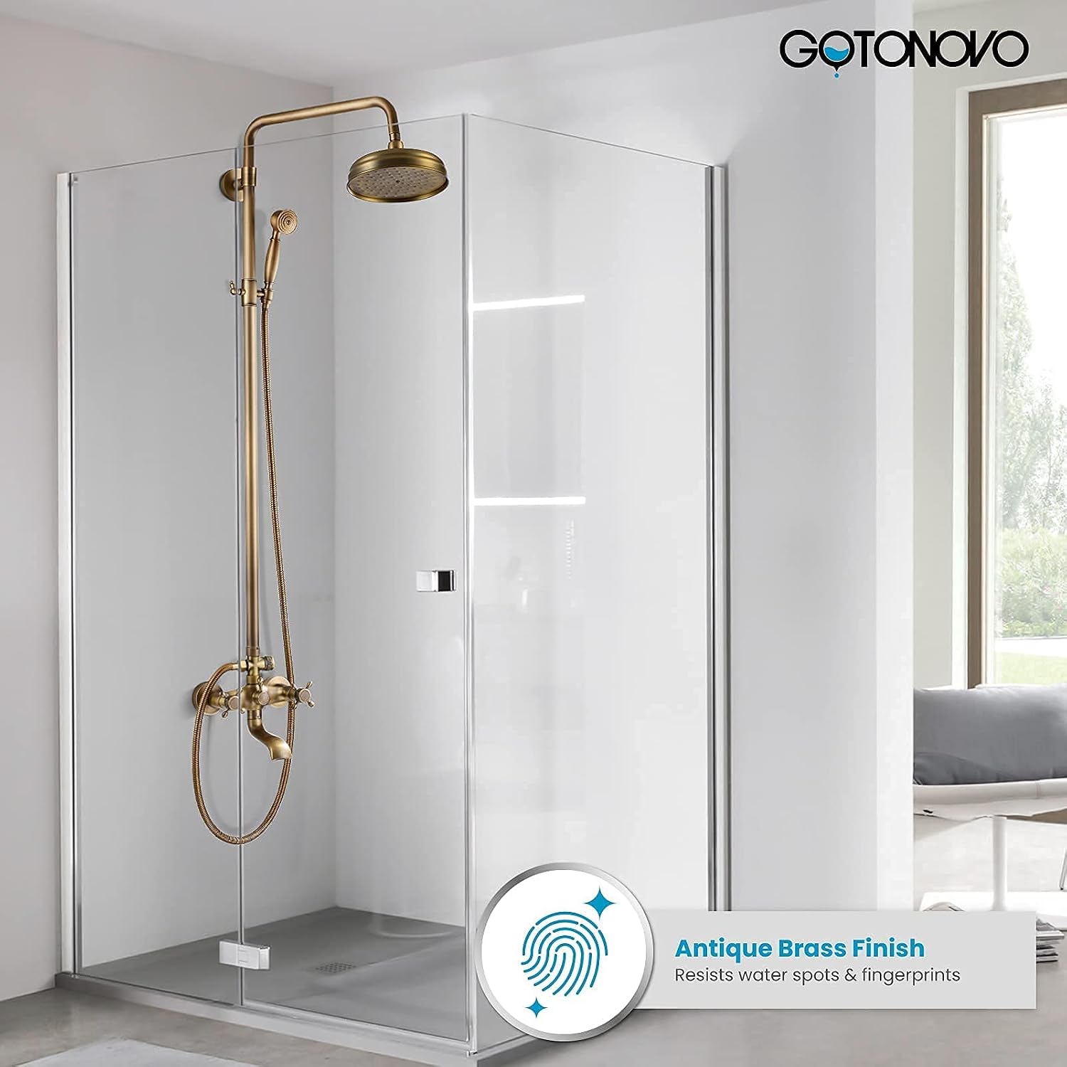 gotonovo Antique Brass Shower Fixture 8' Rainfall Shower Head Handheld Spray Dual Knobs 3 Function Antique Brass 8' Widespread Bathroom Faucet 3 Hole 2 Cross Handle Pop Up Drain with Overflow