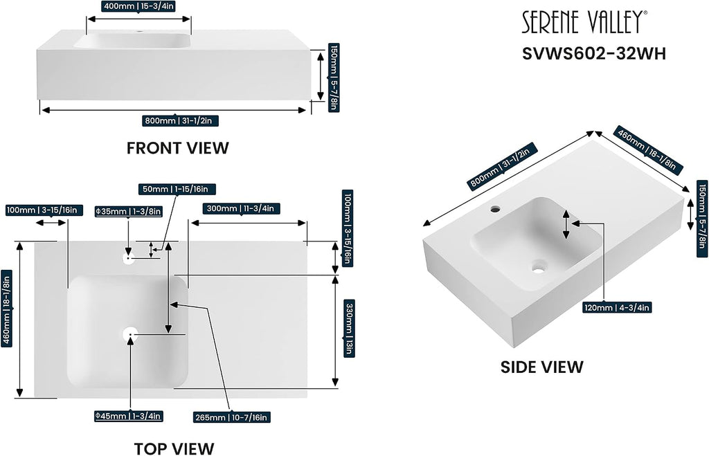 Serene Valley Bathroom Sink, Wall-Mount or On Countertop, 32' with Square Sink and Flat Space, Single Faucet Hole, Solid Surface Material