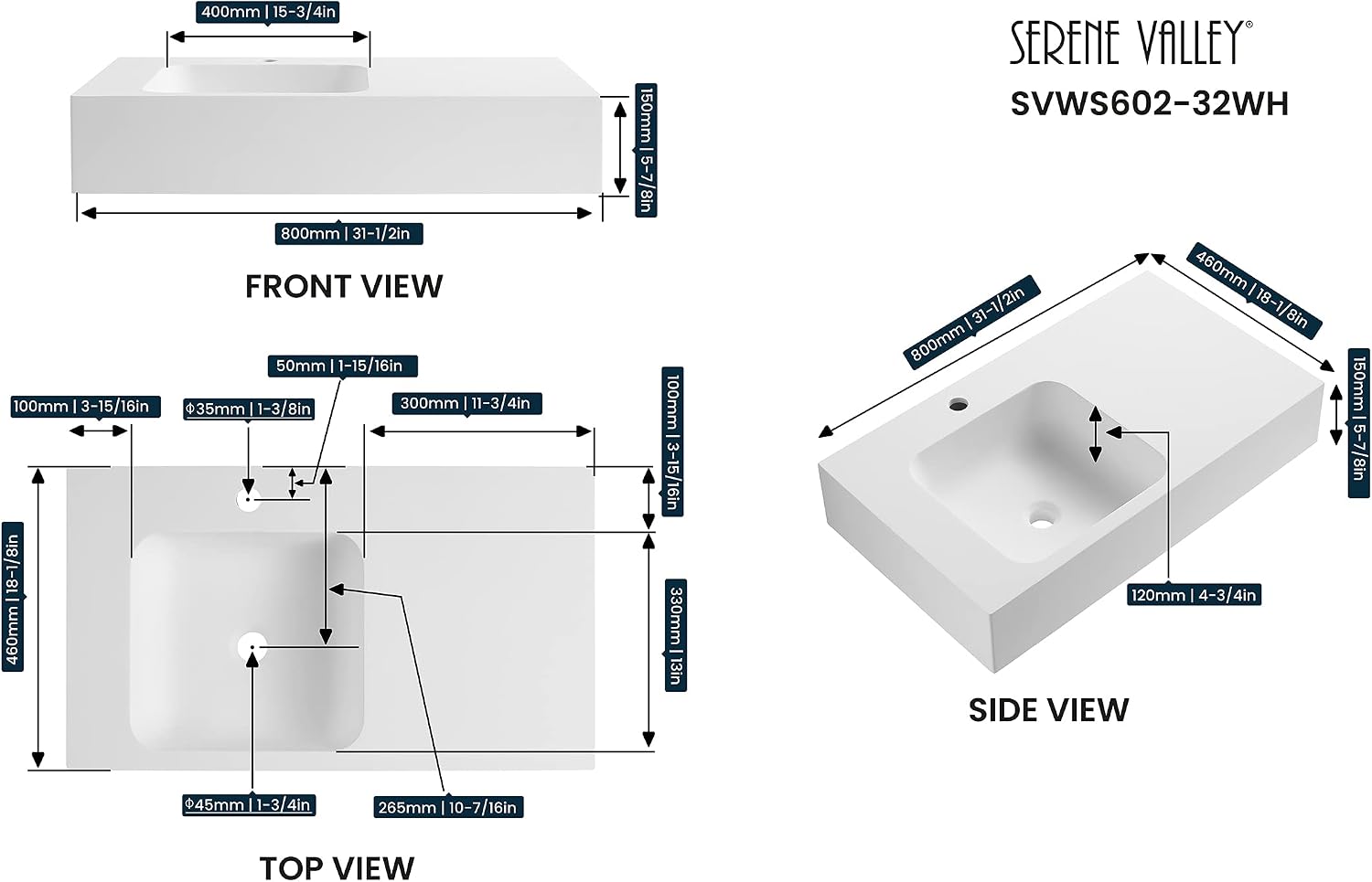 Serene Valley Bathroom Sink, Wall-Mount or On Countertop, 32' with Square Sink and Flat Space, Single Faucet Hole, Solid Surface Material