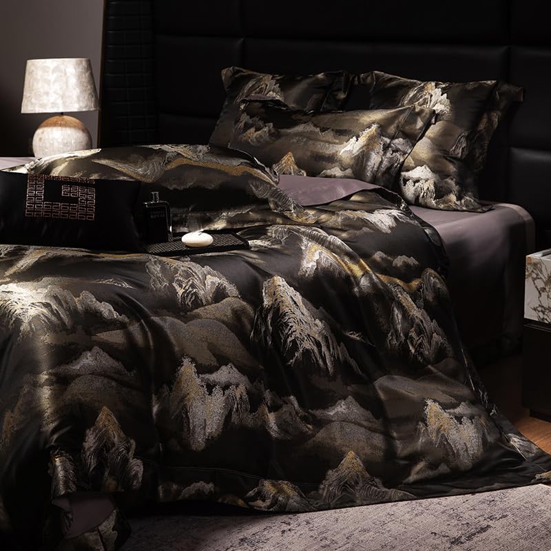 100% Long Staple Cotton Luxury 6-Piece Set, Elegant Black and Gold Satin Bedding Set, 3D Embroidered Jacquard, Quilt Cover，Sheet+2 Pillowcases and 2 Cushion Covers (Jinshan,Full)