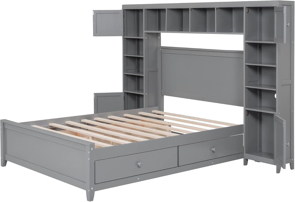 Harper & Bright Designs Full Size Platform Bed with Bookcase Headboard and 4 Storage Drawers, Solid Wood Bed Frame with Cabinet and Bookshelf, No Box Spring Needed - Gray