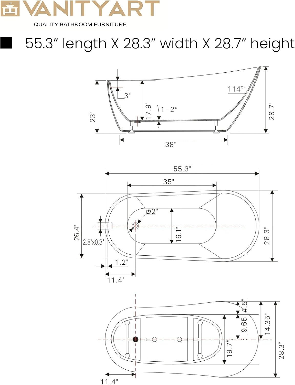 Vanity Art 55 x 28 Inches Freestanding Bathtub White Acrylic Bathtub Modern Stand Alone Soaker Tub with UPC Certified Slotted Overflow and Pop-up Drain for Single Person Bathing