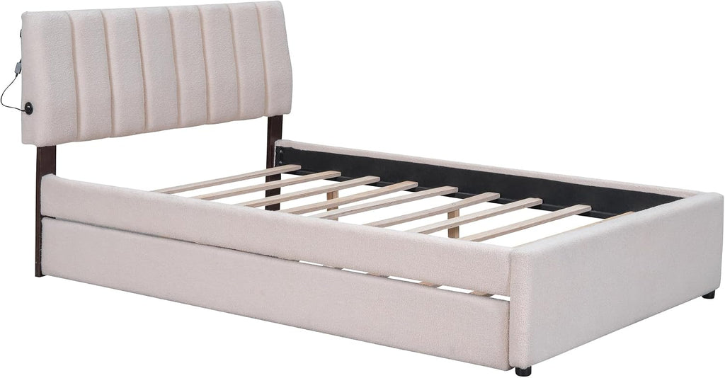 Ball & Cast Full Szie Upholstered Bed Frame with LED Light and Trundle,Teddy Fleece Platform Bed w/Channel Tufted Headboard &Wooden Slats Support,No Box Spring Needed, for Bedroom,Beige