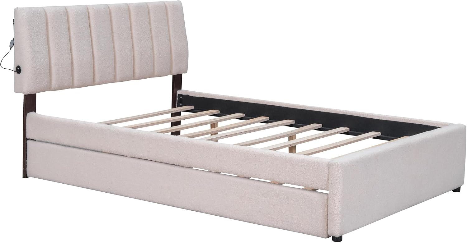 Ball & Cast Full Szie Upholstered Bed Frame with LED Light and Trundle,Teddy Fleece Platform Bed w/Channel Tufted Headboard &Wooden Slats Support,No Box Spring Needed, for Bedroom,Beige