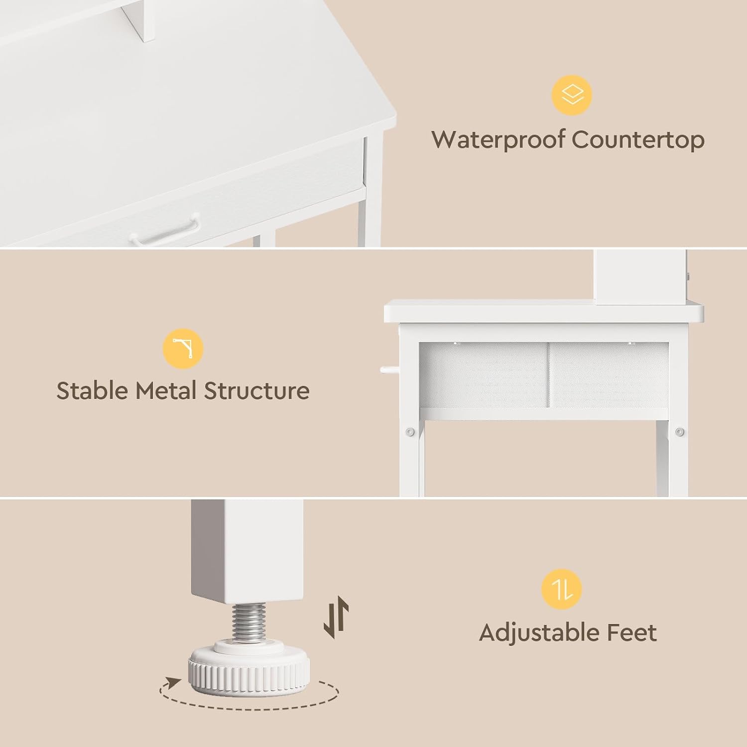 YeTom Makeup Vanity Desk with Mirror and Lights, Small Vanity with Fabric Storage Drawer & Chair & Shelves, White Compact Makeup Vanity Set for Bedroom