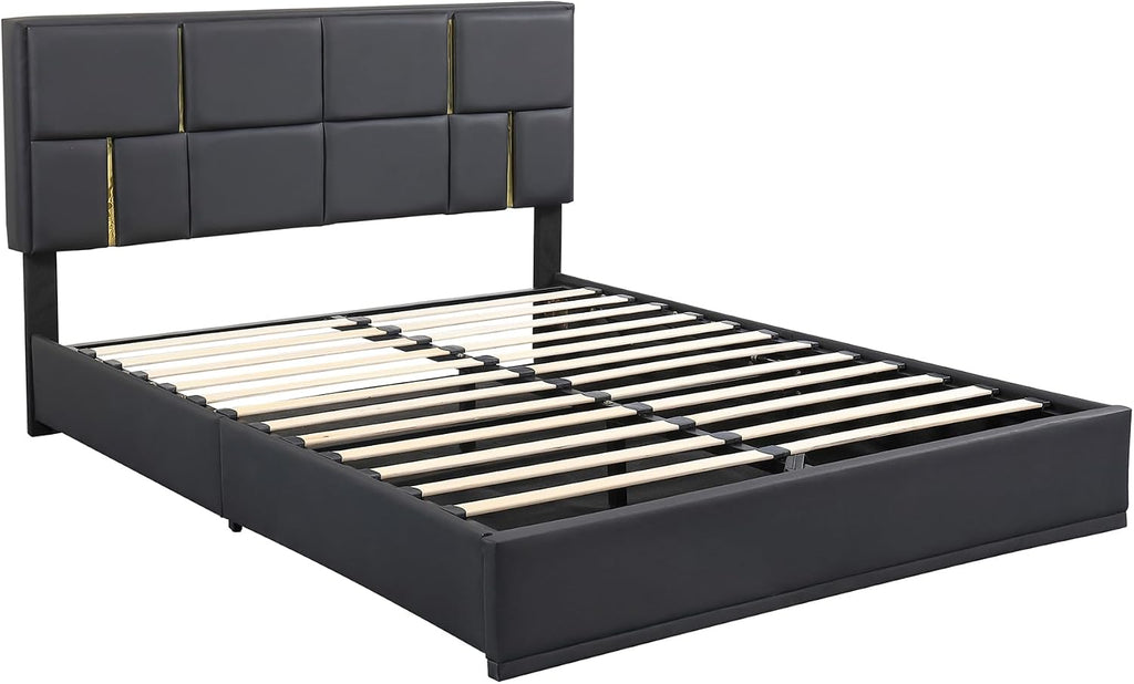 Queen Size Hydraulic Lift Up Storage Bed Frame with Storage Bench, PU Upholstered Platform Beds with Headboard, Two Piece Bedroom Sets, Wooden Slats Support, No Box Spring Needed (Black)