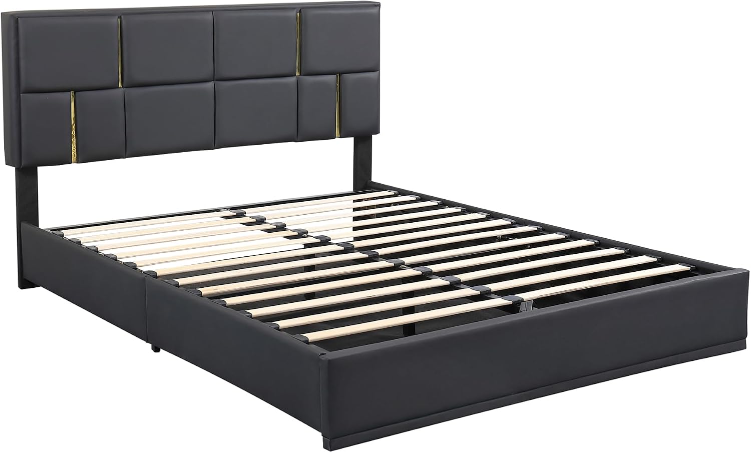 Queen Size Hydraulic Lift Up Storage Bed Frame with Storage Bench, PU Upholstered Platform Beds with Headboard, Two Piece Bedroom Sets, Wooden Slats Support, No Box Spring Needed (Black)
