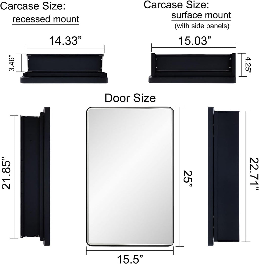 IDYLLOR Black Bathroom Mirror Medicine Cabinet with Round Corner Framed Door and Beveled Edge Mirror 15 x 25 inch, Recessed or Surface Mount, with Adjustable Glass Shelves