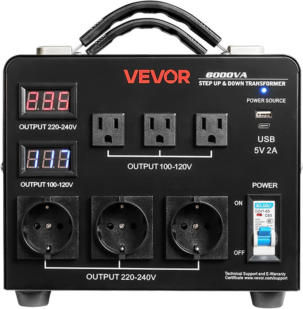 VEVOR Voltage Auto Converter Transformer, 6000VA, Heavy Duty Step Up/Down Power Transformer, 110V to 220V and 220V to 110V, with 3 US Outlets, 3 EU Outlets, LCD Display, Circuit Breaker Protection