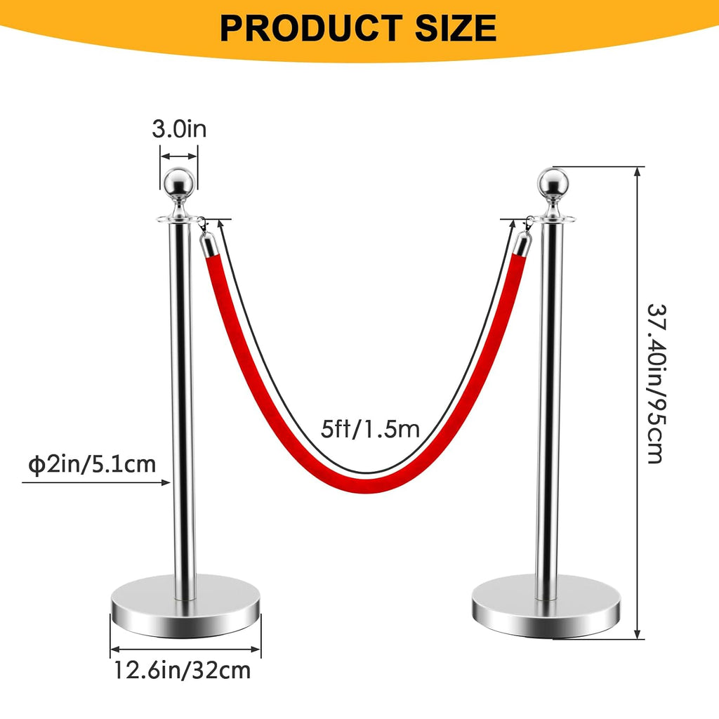 LOVMOR Crowd Control Stanchion, Set with 5 ft/1.5 m Red Velvet Rope, Set of 8 Pieces, Stanchion Rope Divider, Silver Gold Queue Barrier Line Divider with Fillable Plastic Base, Airport