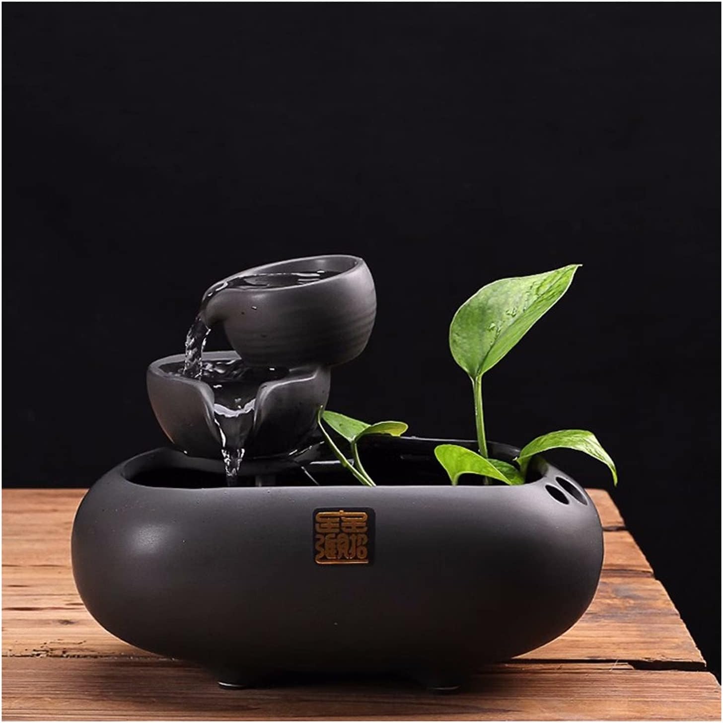 Desktop Fountain 2 Step Ceramic Waterfall Indoor Fountain Tabletop Water Zen for Office Home Decoration 7.0 Inch Tall (Black)