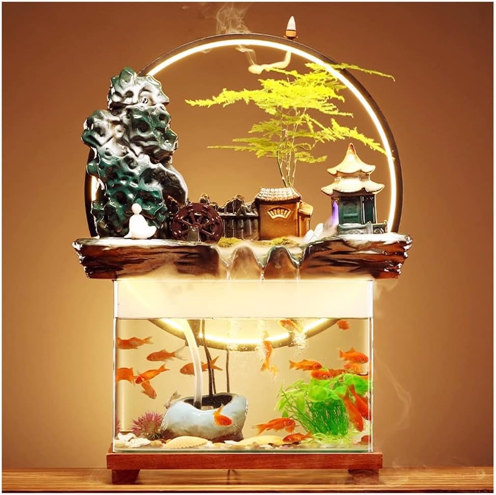 House Decorative Items Tabletop Fountain Ceramic Waterfall Fountain with Lamp Ring and Fish Tank Tabletop Flowing Water Decoration Office Home Decoration Tabl,B