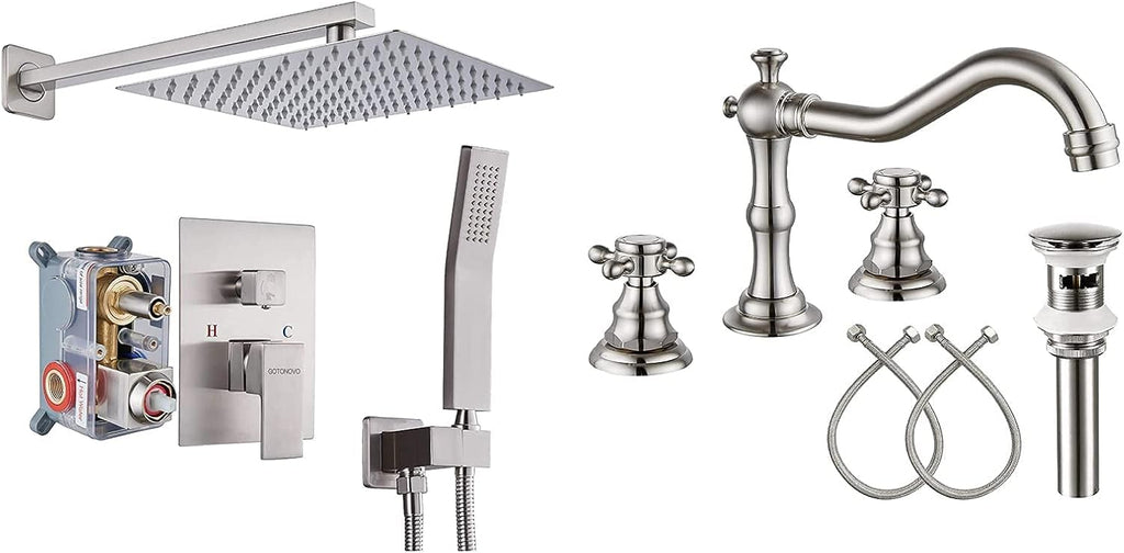 gotonovo 10' Rain Shower System Brushed Nickel Luxury High Pressure Shower Head with Hand Held Spray Rough-in Valve with Widespread Bathroom Faucet 3 Holes Deck Mounted with Pop Up Drain
