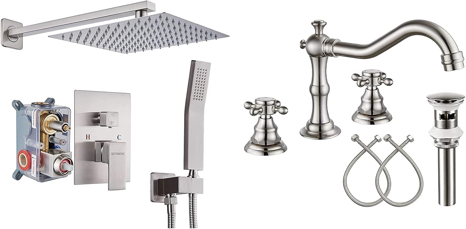 gotonovo 10' Rain Shower System Brushed Nickel Luxury High Pressure Shower Head with Hand Held Spray Rough-in Valve with Widespread Bathroom Faucet 3 Holes Deck Mounted with Pop Up Drain