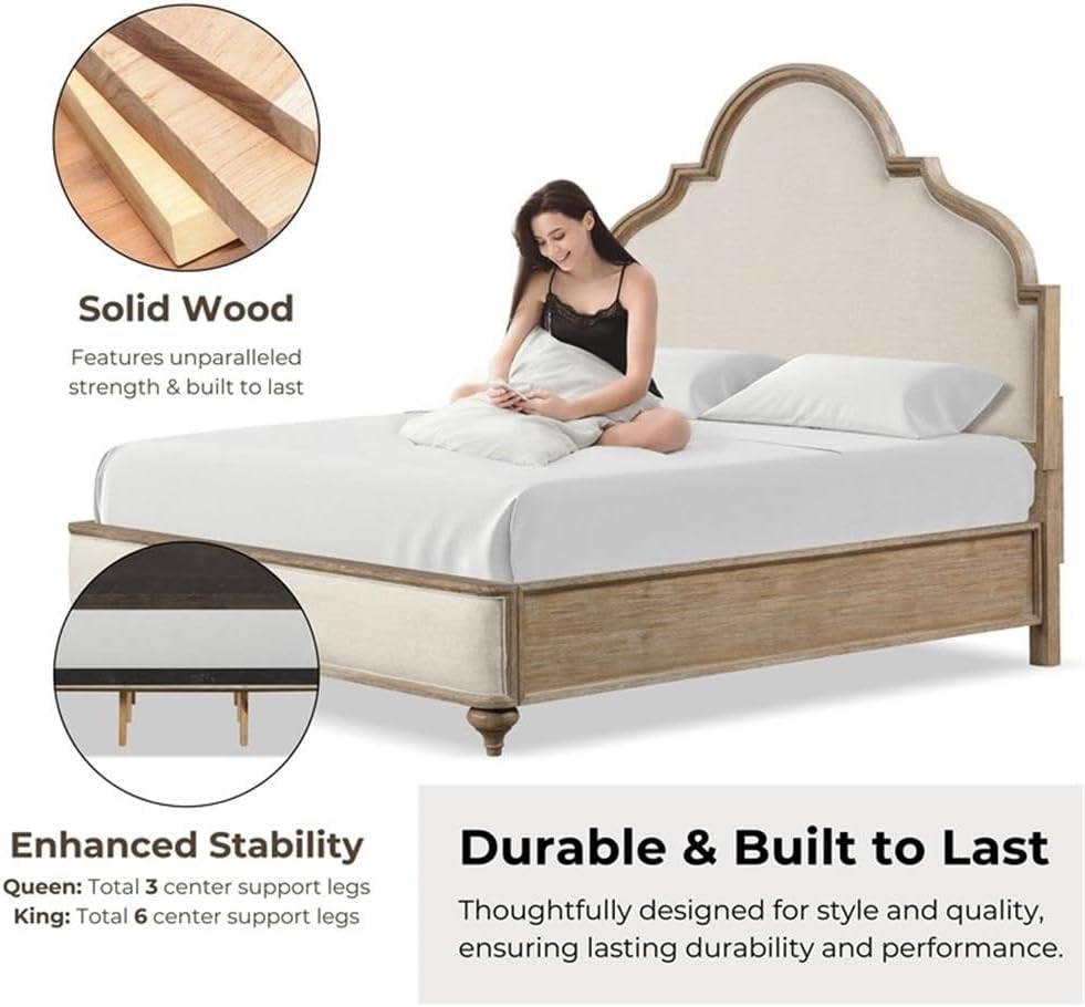 Pemberly Row Transitional Wood King Bedroom Set, Rustic Oak Finish, 3-Piece with Upholstered Beige Headboard, 2 Nightstands with USB Ports, Felt-Lined Drawers, Farmhouse Style for Master Bedroom Decor