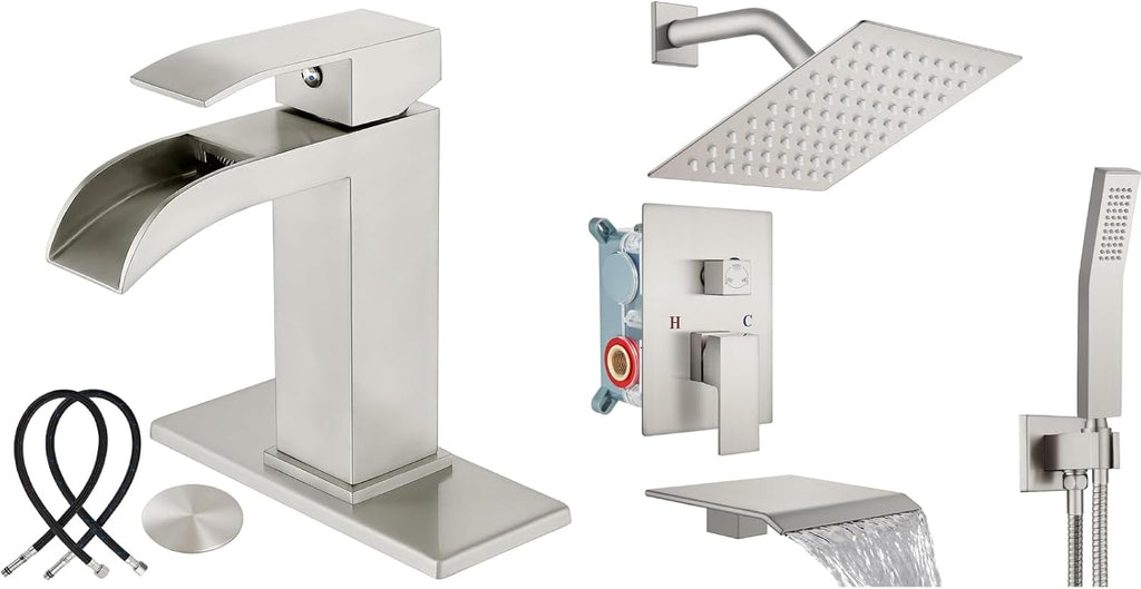 Midanya Brushed Nickel Single Handle Slotted Waterfall Vanity Bathroom Sink Faucets with 8 Inch Brushed Nickel Rain Shower System Tub Shower Faucet Set Square Waterfall Tub Spout